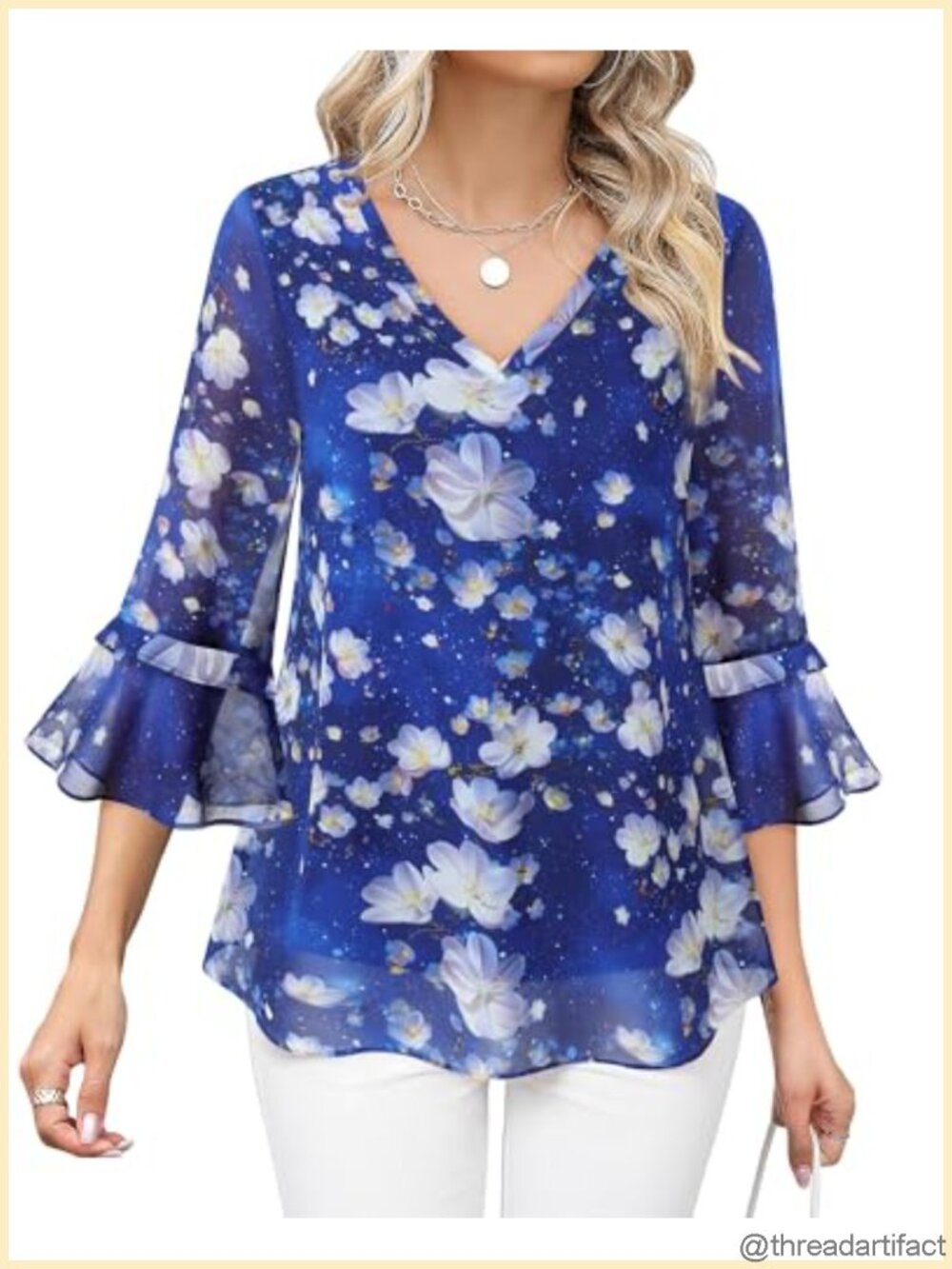 Womens Dressy Casual Tunic Top Ruffle 3/4 Sleeve V Neck Floral Chiffon Blouse